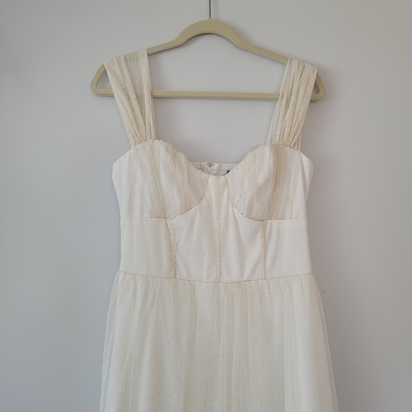 NEW CRYSTALL DOLL Gold Sparkle Glitter White Outer Mesh Sleeveless Maxi Dress - Picture 4 of 15